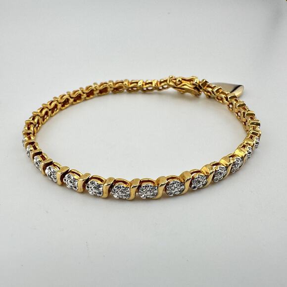 Real Diamond Chip Prime Art & Jewel Gold Plated Two Tone Tennis 7” Bracelet - Picture 4 of 9